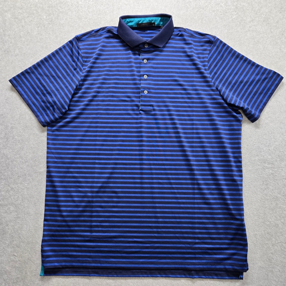 Greyson Mens XL Blue Striped Performance Golf Polo Shirt Wolf Logo